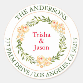 宛先住所ラベル（水彩の桃の花、グリーン/レッドのテキスト付き） ラウンドシール