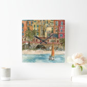 宛先 |水彩ビーチと建物 スクエア壁時計 (ホーム)