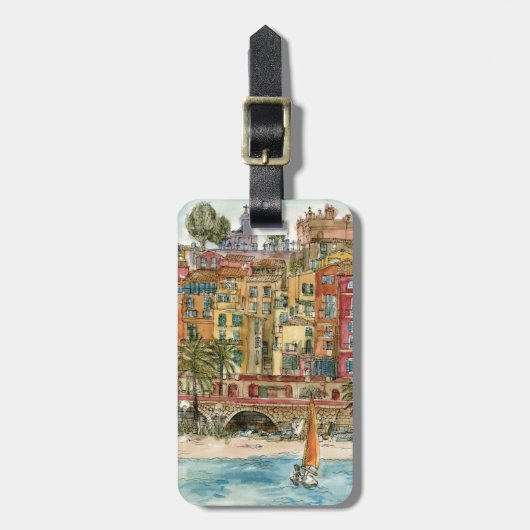 宛先 |水彩ビーチと建物 ラゲッジタグ (正面縦)