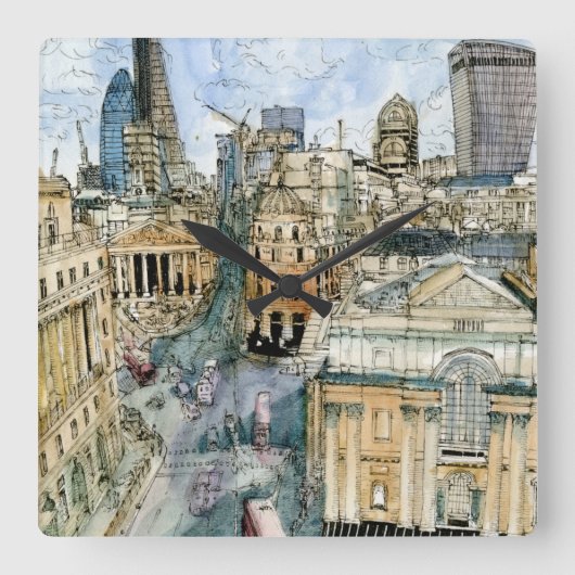 宛先 |水彩ヴィンテージロンドン通り スクエア壁時計 (正面)