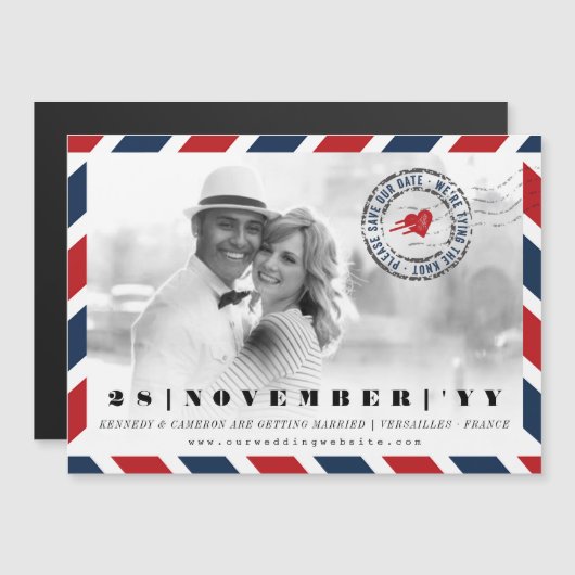 宛先Airmailの郵便写真の日付を保存 マグネット招待状 (正面/裏面)