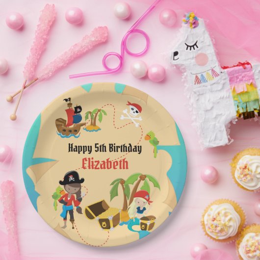 宝の地図かわいい女の子海賊誕生日パーティー ペーパープレート (パーティー)