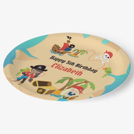 宝の地図かわいい女の子海賊誕生日パーティー ペーパープレート (アングル)