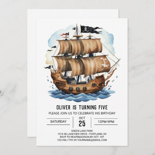 宝エレガント宝の地図ボートパイレーツ誕生日 招待状 (正面/裏面)