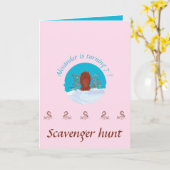 宝探しが楽しいパステルピンクのさくらんぼの木で掘るかわいいリス カード (黄色い花)