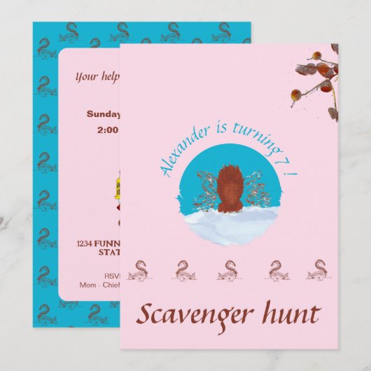 宝探しが楽しい ピンクのパステルカラーのウッドチップを掘るかわいいリス 招待状 (正面/裏面)