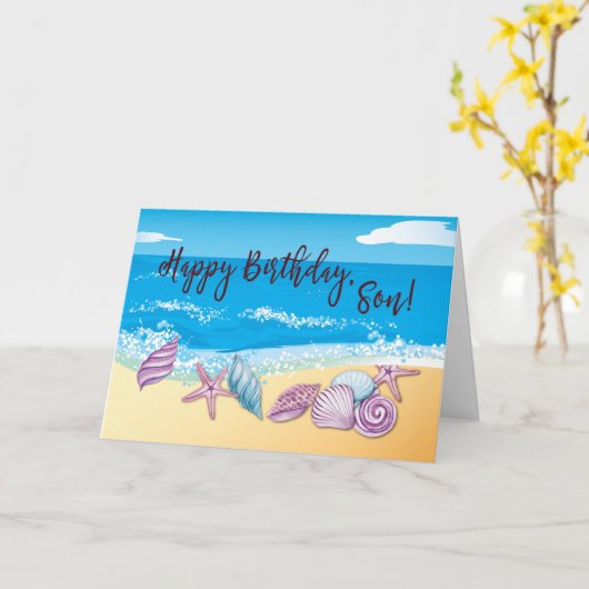 宝物がいっぱいの波打ち際の誕生日メッセージ　大切な貝殻と一緒に カード (黄色い花)