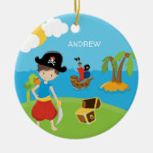 宝物とオウムのクリスマスを持つ少年の海賊 セラミックオーナメント (正面)