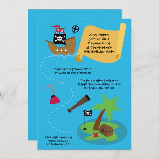 宝物狩りの海賊誕生日パーティーの招待 招待状 (正面/裏面)