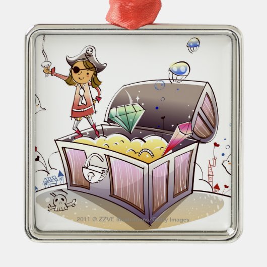 宝物箱に立っているメスの海賊 メタルオーナメント (正面)