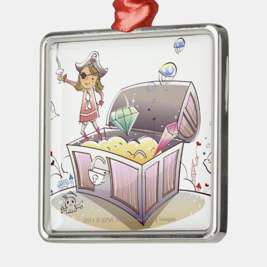 宝物箱に立っているメスの海賊 メタルオーナメント (左)