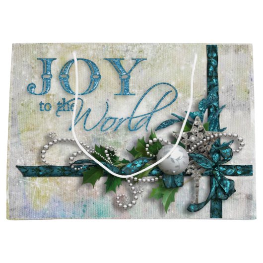 宝石きらめくティール（緑がかった色）とシルバーパーソナライズされた ラージペーパーバッグ (正面)