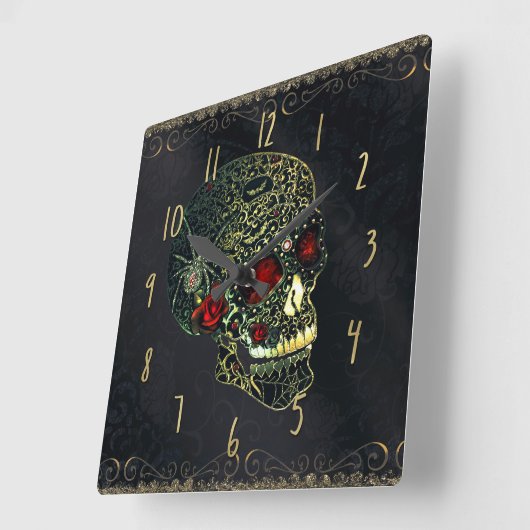 宝石で飾られたくものスカル及びバラの魅力的なゴシック様式線条細工 スクエア壁時計 (傾斜)