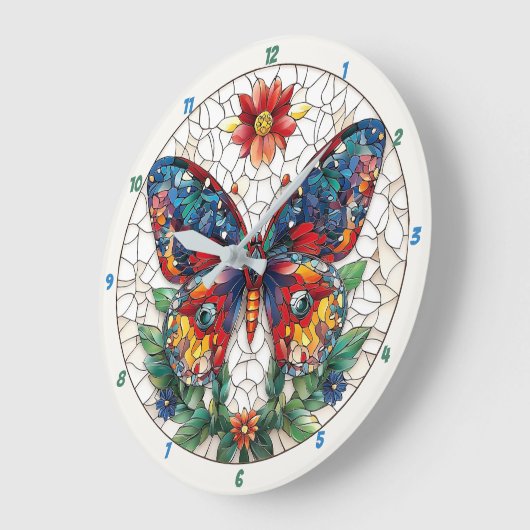 宝石で飾られたガーデンステンドグラス蝶フローラ ラージ壁時計 (傾斜)
