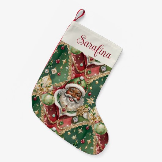 宝石で飾られたサンタ・アフリカ系アメリカ人クリスマス スモールクリスマスストッキング (正面 (吊り時))