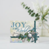 宝石で飾られたティール(緑がかった色)および銀のクリスマスの郵便はがき シーズンポストカード (スタンド正面)