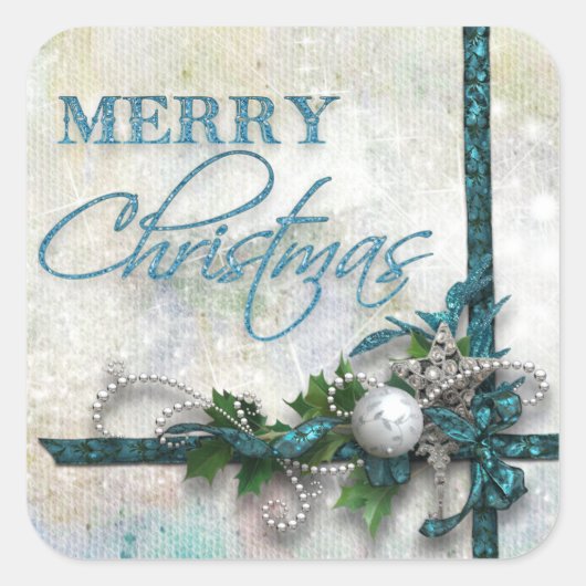 宝石で飾られたティール(緑がかった色)とシルバージョイを世界に スクエアシール (正面)