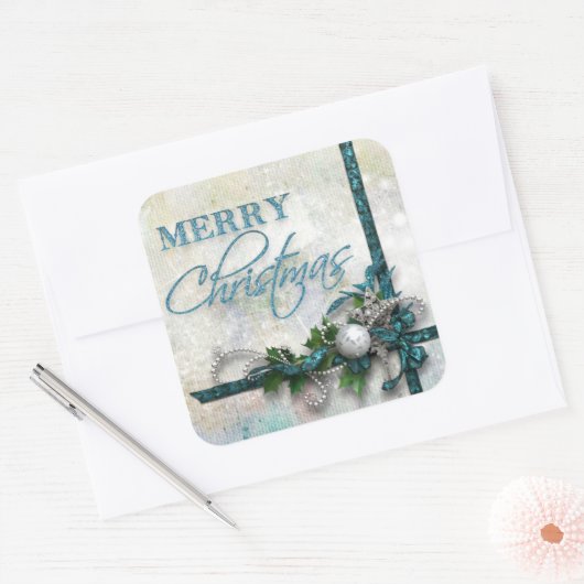 宝石で飾られたティール(緑がかった色)とシルバージョイを世界に スクエアシール (封筒)