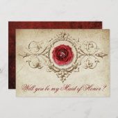 宝石で飾られたバラ |ヴィンテージクリムゾンメイド・オブ・オーナー(花嫁付き添い人)頼 招待状 (正面/裏面)