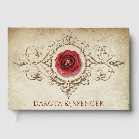 宝石で飾られたバラ |ヴィンテージクリムゾンレッドジェムグランジ ゲストブック (正面)