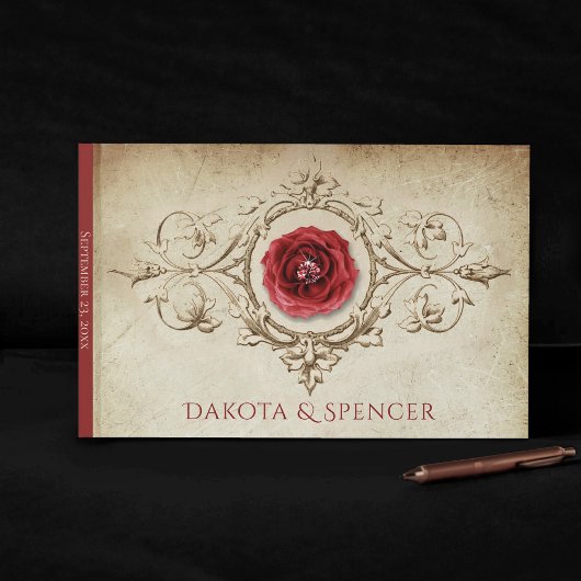 宝石で飾られたバラ |ヴィンテージクリムゾンレッドジェムグランジ ゲストブック