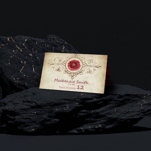 宝石で飾られたバラ |ヴィンテージクリムゾンレッドジェムグランジ プレイスカード