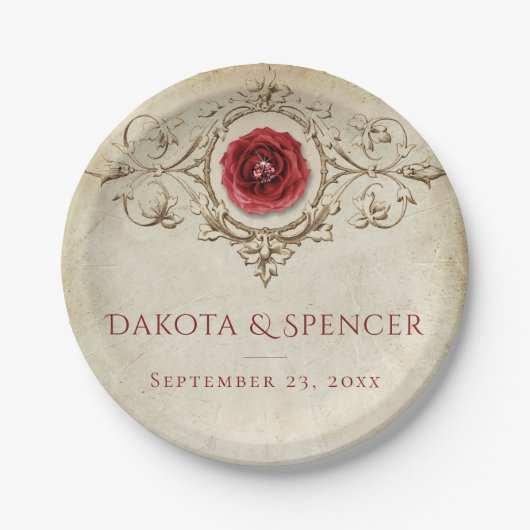 宝石で飾られたバラ |ヴィンテージクリムゾンレッドジェムグランジ ペーパープレート (正面)