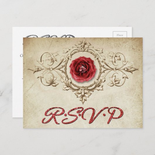 宝石で飾られたバラ |ヴィンテージクリムゾンレッドジェムグランジRSVP インビテーションポストカード (正面/裏面)