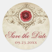 宝石で飾られたバラ |ヴィンテージクリムゾンレッド日付を保存 ラウンドシール (正面)