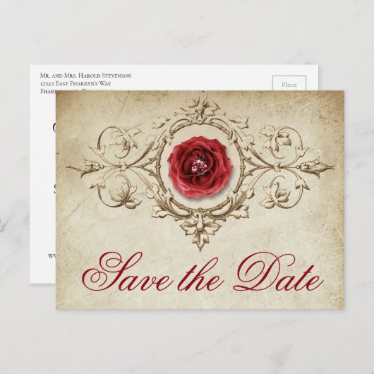 宝石で飾られたバラ |ヴィンテージクリムゾンレッド日付を保存 案内ポストカード (正面/裏面)