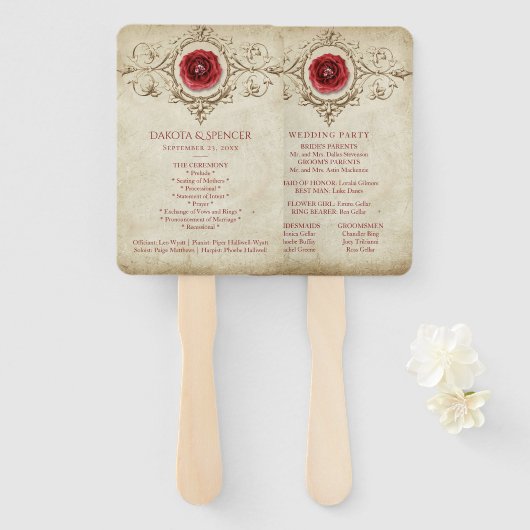 宝石で飾られたバラ |ヴィンテージグランジクリムゾンレッド ハンドファン (正面&裏面)