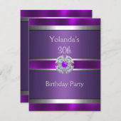 宝石で飾られたパープルシルバートリム30th誕生日パーティー3 招待状 (正面/裏面)