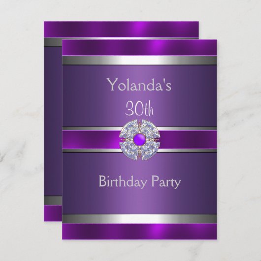 宝石で飾られたパープルシルバートリム30th誕生日パーティー3 招待状 (正面/裏面)