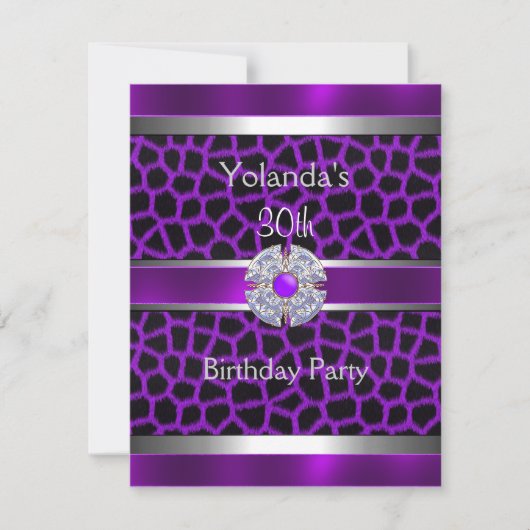 宝石で飾られたパープルシルバートリム30th誕生日パーティー4 招待状 (正面)