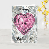 宝石で飾られたピンクのハートの10代の若者の女の子のバースデー・カード カード (黄色い花)