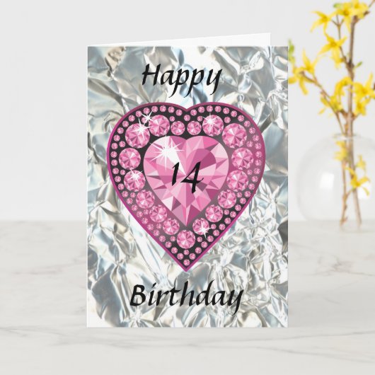 宝石で飾られたピンクのハートの10代の若者の女の子のバースデー・カード カード (黄色い花)