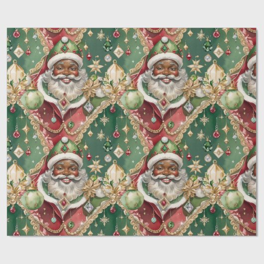 宝石で飾られたブラックサンタウォーターカラーヴィンテージクリスマス ラッピングペーパー (フラット)