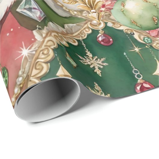 宝石で飾られたブラックサンタウォーターカラーヴィンテージクリスマス ラッピングペーパー (ロールコーナー)