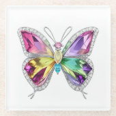 宝石で飾られたレインボークリスタルバタフライ ガラスコースター (正面)