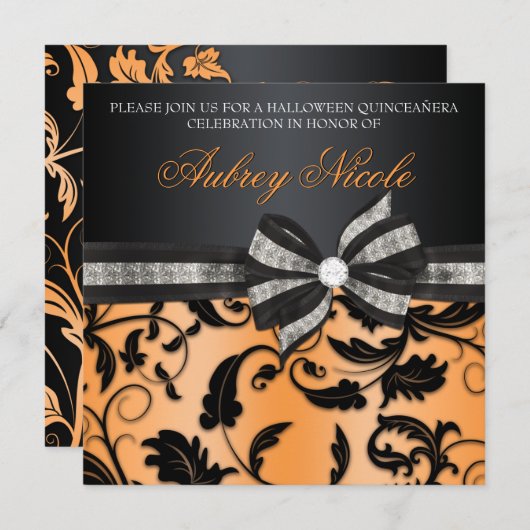 宝石で飾られた弓との渦巻のQuinceañeraの花の招待 招待状 (正面/裏面)