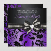 宝石で飾られた弓との花の渦巻のSweet sixteenの招待 招待状 (正面/裏面)