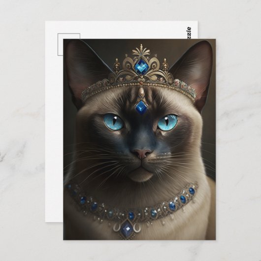 宝石で飾られた王冠とネックレスを持つシャム猫 ポストカード (正面/裏面)