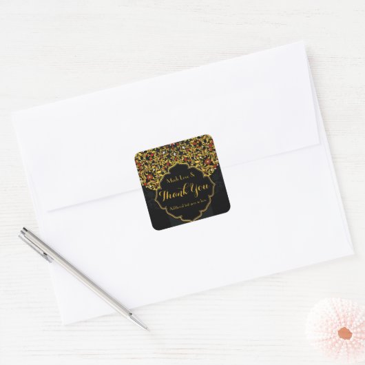 宝石で飾られた金ゴールドレッドブラックフローラありがとうカスタムございました スクエアシール (封筒)