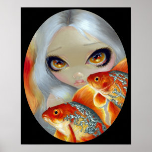 宝石で飾られた魚:  銀および金ゴールドの芸術のプリントの金魚 ポスター