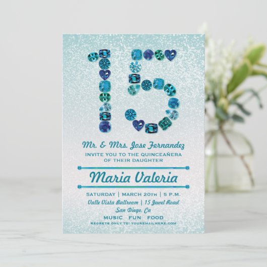 宝石で飾られた15番目の誕生日キンセアニラパーティー招待状 招待状 (スタンド正面)