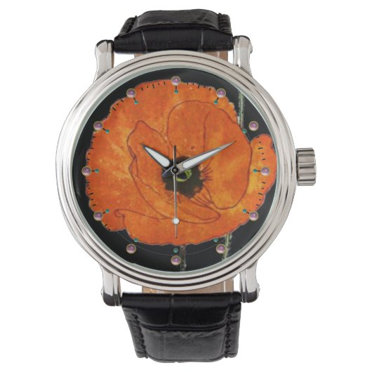 宝石で黒く赤いポピー 腕時計 (正面)