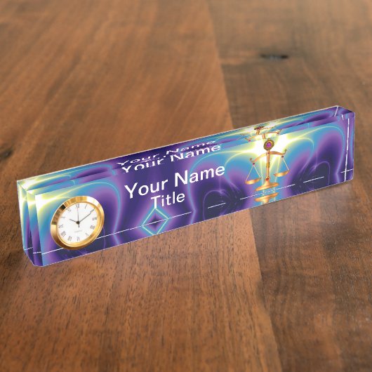 宝石との法律、正義の記号のはかりで測られる金ゴールド デスクネームプレート (側面)