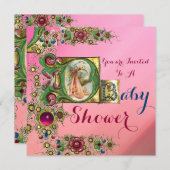 宝石とピンクの金ゴールドフローラストークガール赤ちゃんシャワー 招待状 (正面/裏面)