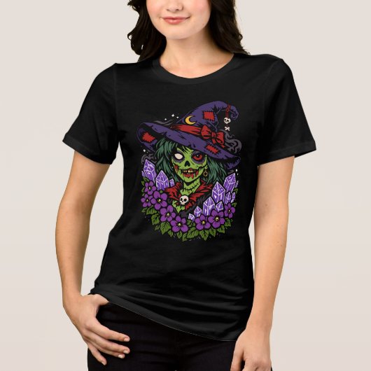 宝石と花の2月のゾンビの魔女 トライブレンドTシャツ (正面)