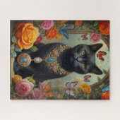 宝石と蝶の付いたブラックショートヘア猫 ジグソーパズル (横)